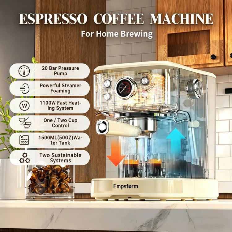 04E 20 Bar Espresso Machine with Milk Frother Steam 1100W Cream white