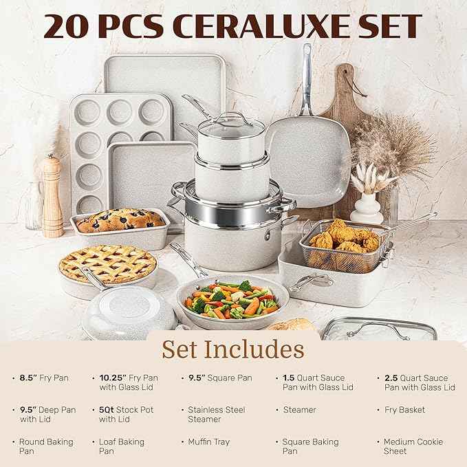 Granitestone Ceraluxe 20 Pc Ceramic Cookware Set Nonstick, Complete Pots and Pans Set Non Stick with 5 Pc Bakeware Set, Deep Frying Pan Set, & Steamer, Non Toxic PFOA Free, Oven & Dishwasher Safe