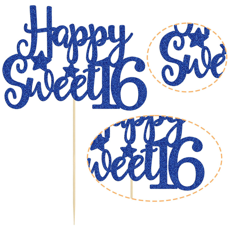1Pc Happy Sweet 16 Cake Topper Blue Glitter Sweet 16 Birthday Cake Decoration Happy 16th Birthday Decorations for Girls Boys Party Supplies