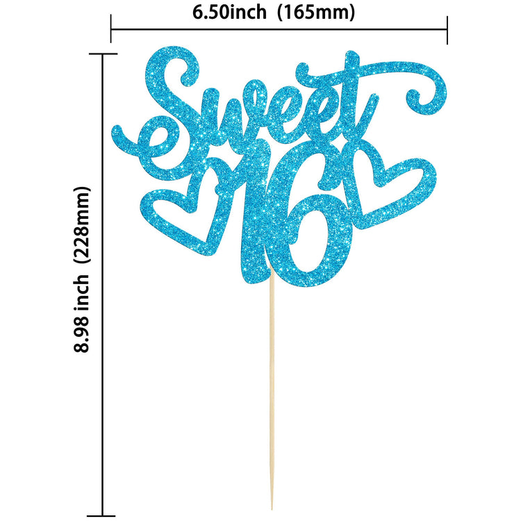 1Pc Sweet Teenager 16 Cake Topper Glitter 16th Birthday Cake Pick for Cheers to 16 Years Old 16th Birthday Party Cake Decorations Supplies Light Blue