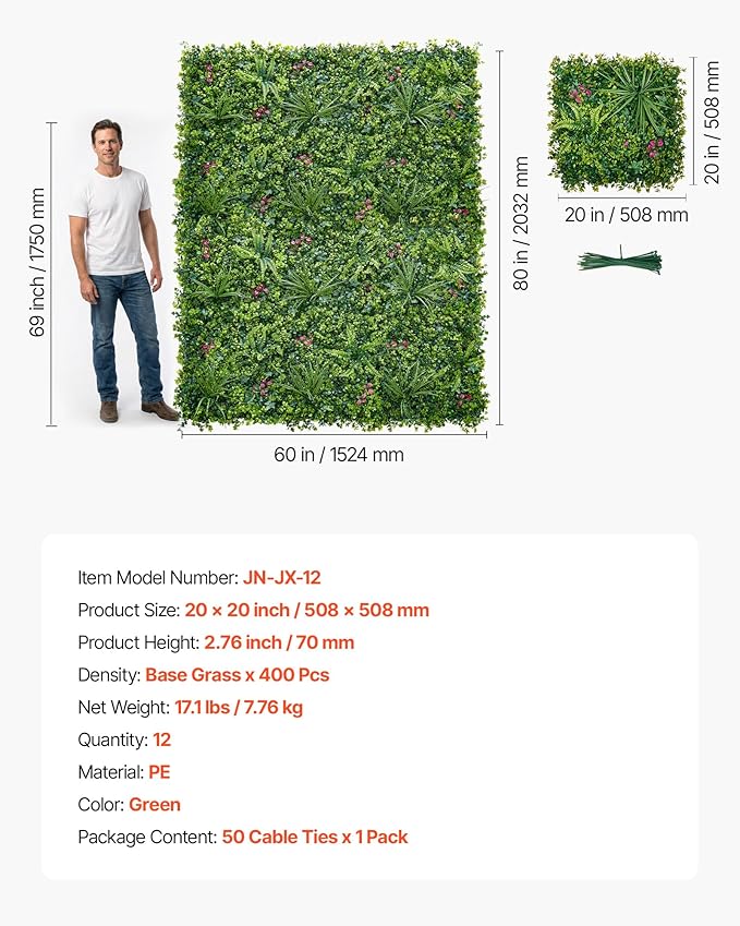 VEVOR Artificial Plant Wall, 12PCS 20 x 20 in Artificial Boxwood Panels, Greenery Backdrop Privacy Hedge Fence with Sun Protection, Fake Grass Wall Screen for Wedding, Indoor, Garden,Mixed Leaf