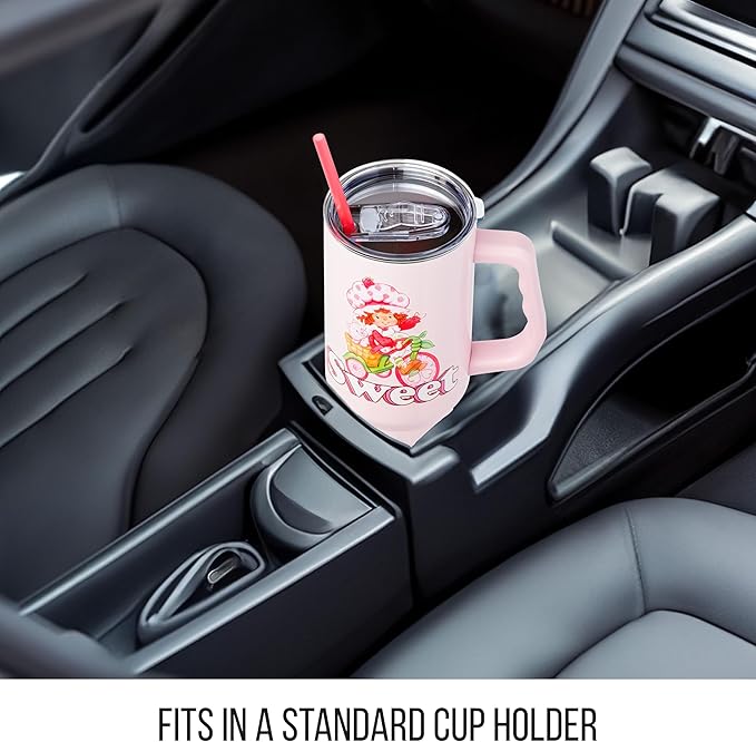 Silver Buffalo Strawberry Shortcake and Custard “Sweet” Double Walled Stainless Steel Tumbler with Handle, Fits in Standard Cup Holder, 40 Ounces