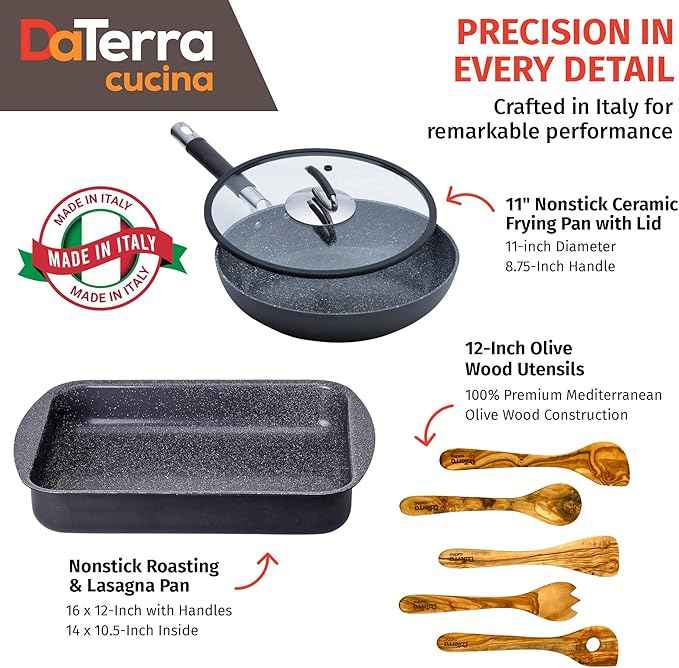DaTerra Cucina Nonstick Italian Bundle – Roasting & Lasagna Pan, 11" Frying Pan with Lid, 5-Piece Olive Wood Cooking Utensils Set – Oven Safe, PTFE & PFOA Free - Made in Italy, Ceramic