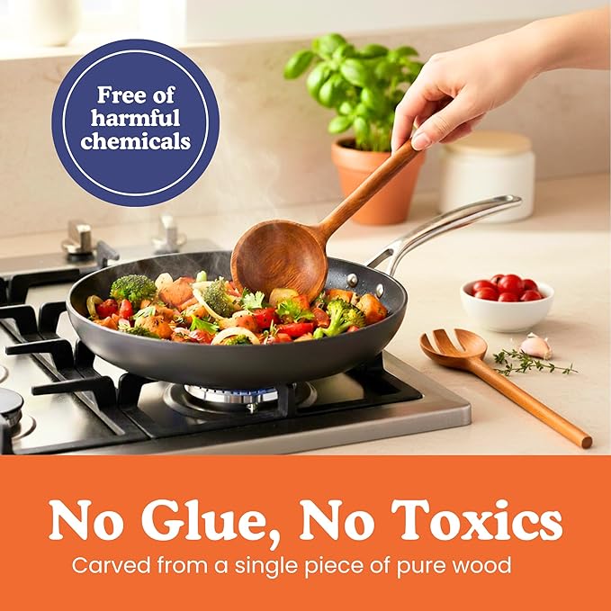 Non-Toxic Wooden Spoons for Cookingโ 7-Piece Kitchen Utensils Set, Glue-Free & One-Piece Cooking Utensils, Natural Wooden Utensil Set with Plant-Based Finish, Free of Forever Chemicals