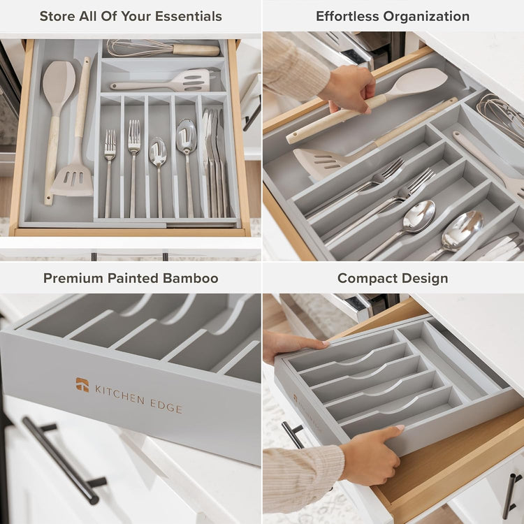 Premium Silverware, Flatware and Utensil Organizer for Kitchen Drawers, Food-Safe Contract Grade, Expandable from 10.5 to 19 In, Gray Bamboo
