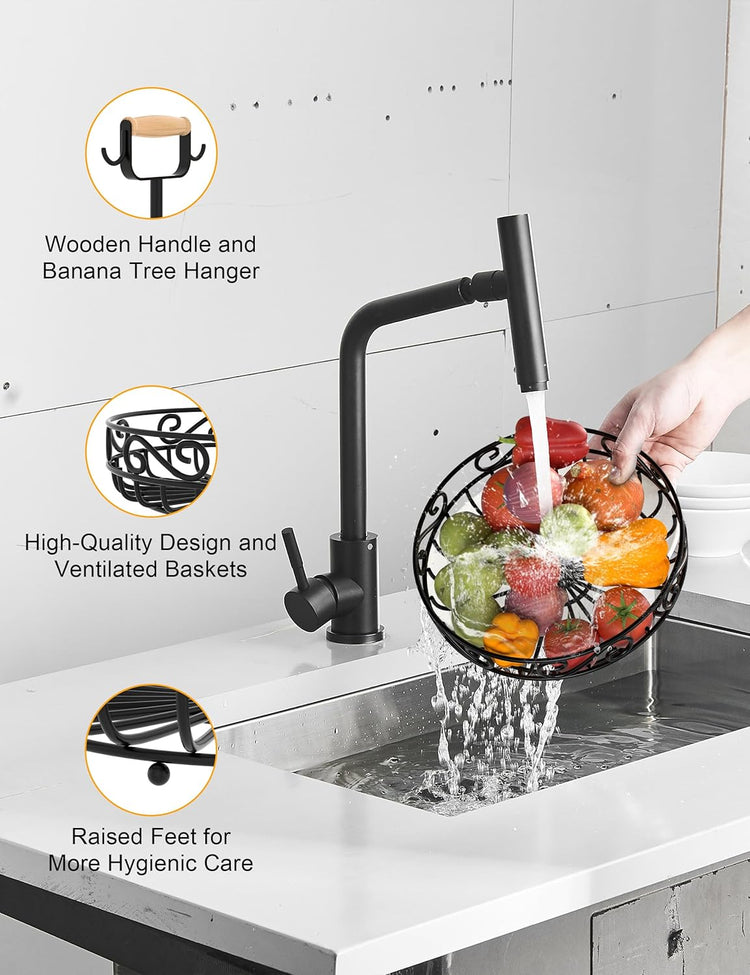2-Tier ๐
๐ซ๐ฎ๐ข๐ญ ๐๐๐ฌ๐ค๐๐ญ and Fruit Bowl - Fruit and Vegetable Storage with Banana Tree Hanger and Wood Handle, Fruit Basket for Kitchen Counter, for Bread Onions Potatoes Veggies Produce