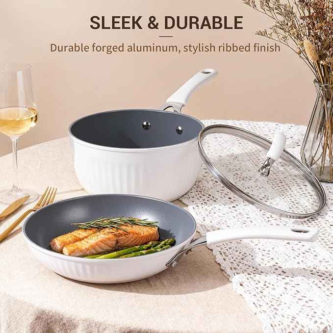 Ammeloo 15-Piece Ribbed Ceramic Cookware Set, Pots and Pans Set Non Stick, Induction Ready, Healthy Non Toxic Kitchen Cooking Set PFAS/PFOA/PTFE-Free, Silicone-wrapped Stay-Cool Handle