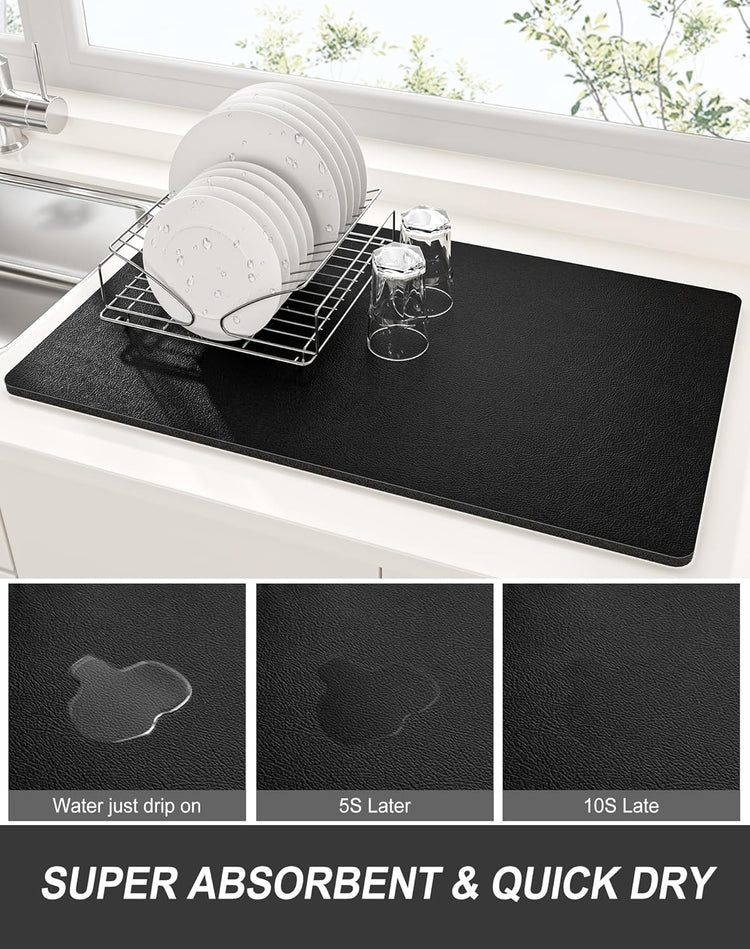 Rnivvi Dish Drying Mat for Kitchen Counter, XL 15 x 24" Super Absorbent Drainer Pad Easy Clean Dish Rack Pad, Non-Slip Heat Resistant Coffee Bar Mat for Coffee Machine Station Accessories Decor, Black