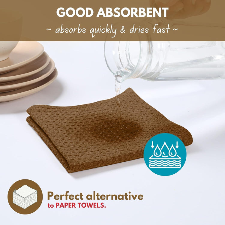 Native Fab Waffle 12 Pack 100% Cotton Easter Kitchen Dish Towels 16x26 Absorbent Durable Washable, Tea Cloths, Bar Towels, Cleaning With Hanging Loop, Brown - Nestoria