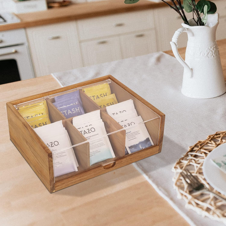 Tea Bag Organizer 6 Compartments by HTB| Gift Box Acacia Wood Tea Organizer for Tea Bags with Acrylic Transparent Hinged Lid