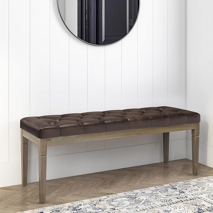 SIMPLIHOME Waverly Tufted Ottoman Bench - 48 inch Wide Upholstered Vegan Leather Rectangle Footstool Ottoman in Distressed Brown, Traditional Bench for Bedroom or Living Room with Carved Legs
