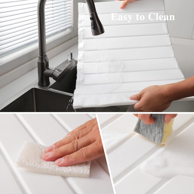 Stone Drying Mat for Kitchen Counter, Collapsible Diatomaceous Earth Dish Drying Mats, Supe Absorbent Quick Dry Stone Mat Kitchen,PU Leather Surface Removable and washable (White, 23.6”x15.4”)
