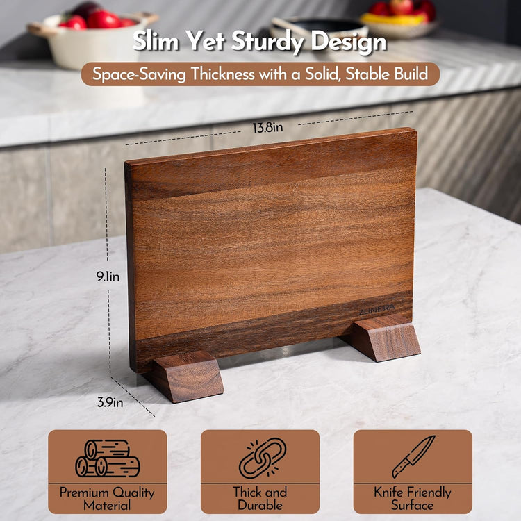 Double-Sided Magnetic Knife Block โ 13.8.5 x 9.1 Inch Walnut Wood Knife Holder with 24 Powerful Magnets, Universal Knife Storage Stand with Non-Slip Base & Sharpening Rod