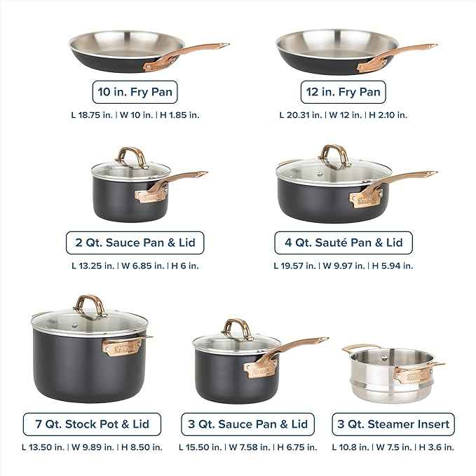 Viking 3 Ply Pots and Pans Set, 11 Piece Stainless Steel Kitchen Cookware with Glass Lids, Black with Copper