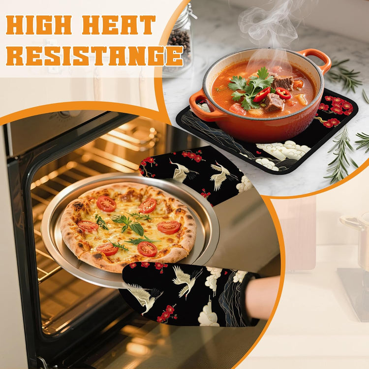 Japanese Crane Oven Mitts and Pot Holders Set,Cherry Blossom Kitchen Decor Heat Resistant Non Slip Hot Pads and Oven Mitt for Chef Cooking Baking BBQ Mom Girl Gifts(4 Piece Set)