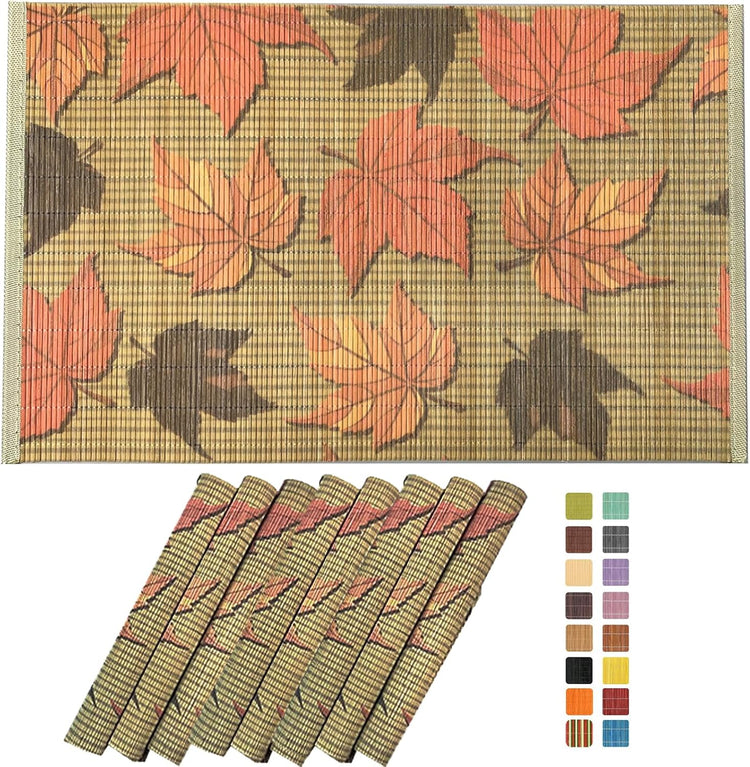 ANDSTAR Set of 8Pcs Bamboo Placemats 17.7X11.8Inch Sushi Rolling Mat Japanese Style Bamboo Mat Place Mats Washable Heat Resistant Table Mats for Dinner Dining Table (Maple Leaves)