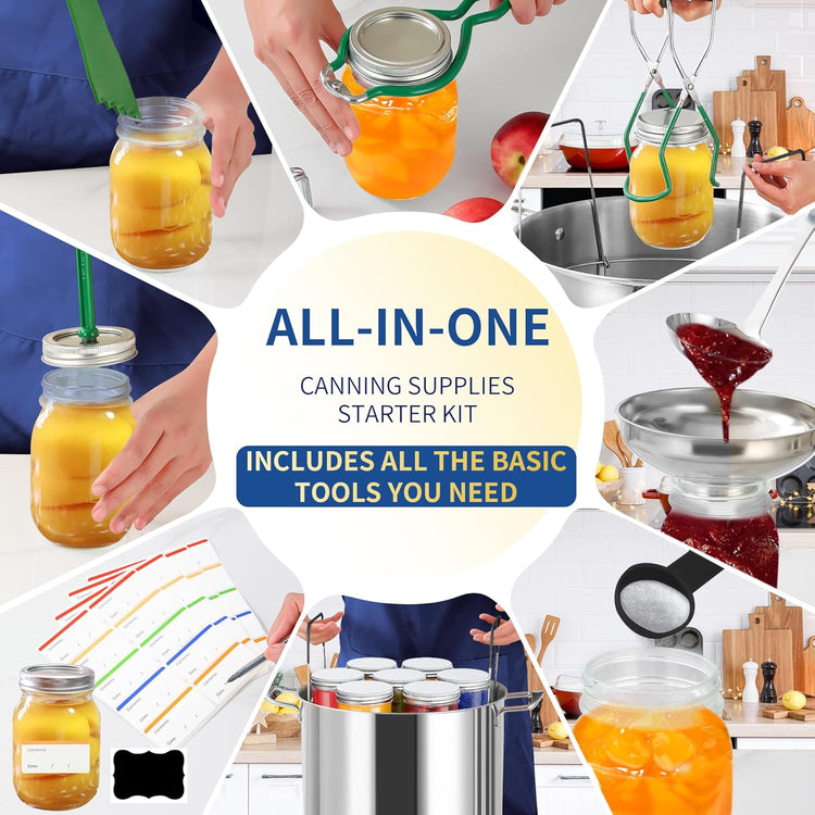 Canning Supplies Starter Kit,Canning Kit for Beginners of 11 with Rack, Jar Lifter,Funnel,Wrench,Tongs,Lid Lifter,Bubble Popper,Labels,ladle,Measuring Spoon-Deep Green