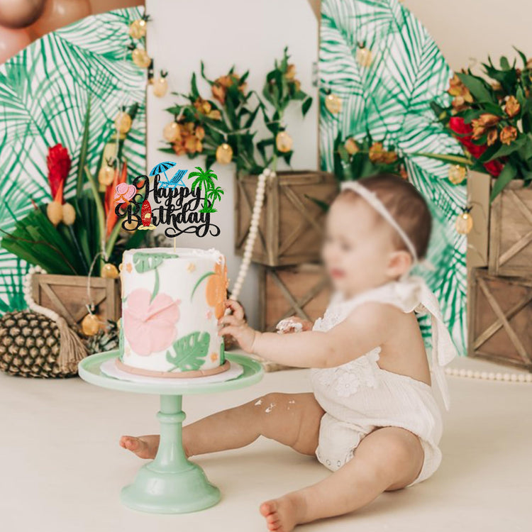 1Pcs Summer Beach Happy Birthday Cake Topper Glitter Ball Tree Umbrella Pool Cake Pick for Hawaiian Holiday Baby Shower Birthday Party Cake Decorations Supplies Black