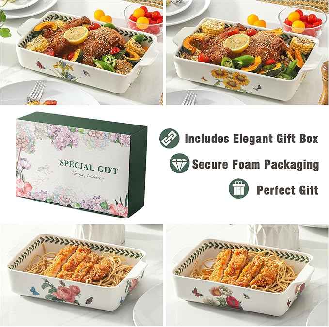 Ceramic Papaver rhoeas Baking Casserole Dish with Handles, Large 2 pieces 8x13 inch & 6x10 inch Lasagna Baking Dish and Middle Flower Andplant Baking Pan,Porcelain Serving Bakeware Set