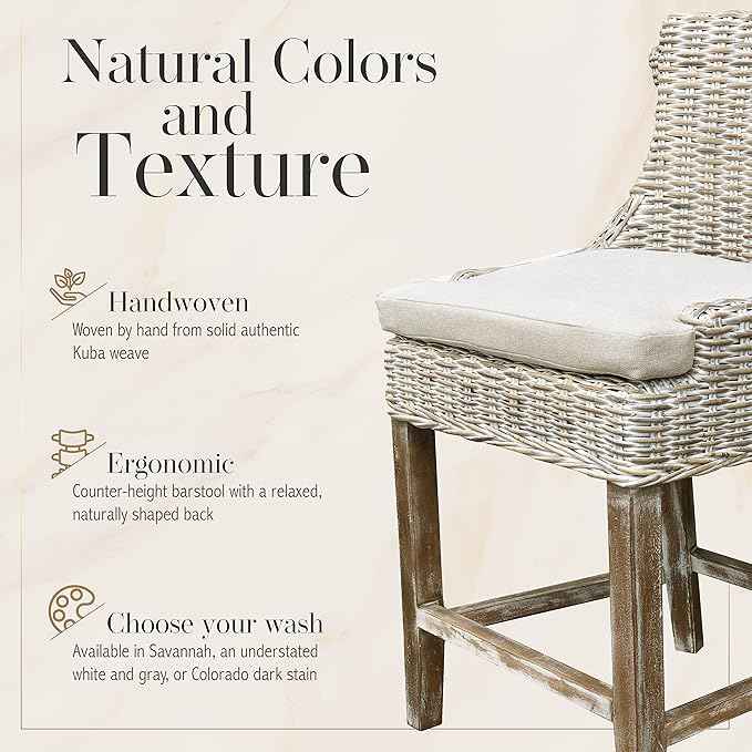 Alfresco Kuba-Weave Counter Stool, Wooden Stool, Kitchen Counter Stool, 23 Inch Seat Height, Off White