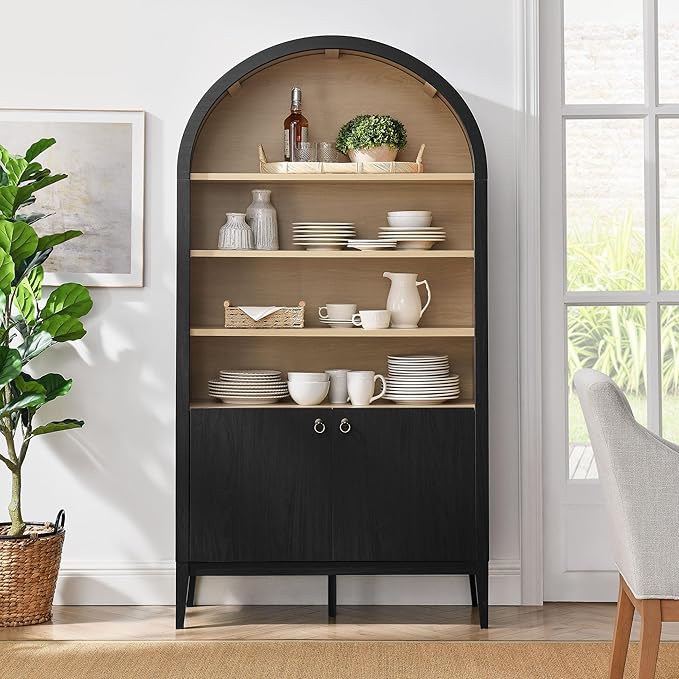 Modway Nolan Tall Arched Storage Display Cabinet in Black - 74 Inch Arch Bookshelf with Open and Closed Shelving - Modern Accent Cabinet for Living Room, Dining Room