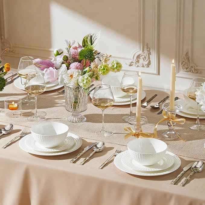 KINGSTONE 12-piece Bone China Dinnerware Set and 20-piece silverware, White Lightweight Porcelain for 4, Plates, Bowls with matching flatware, Microwave and Dishwasher Safe, for Family, Gifting