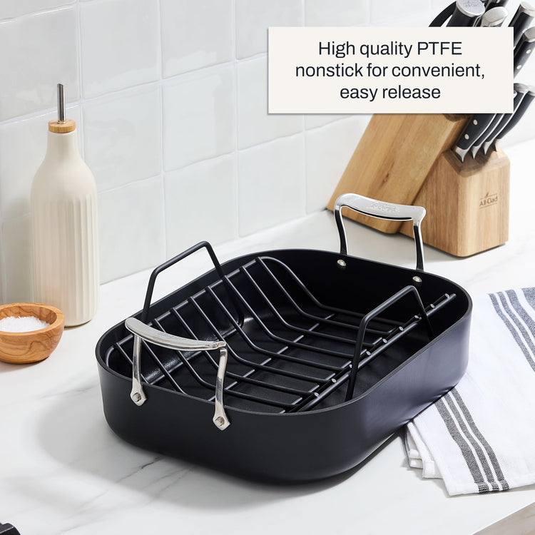 Essentials Hard Anodized Nonstick Roaster with Rack 11x14 Inch Oven Broiler Safe 500F Roaster Pan