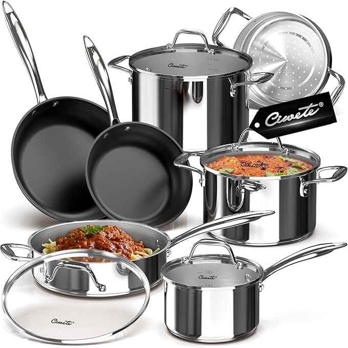 11-Piece Stainless Steel Pots and Pans Set Non Stick, Tri-Ply Stainless Steel Cookware Set, Induction Kitchen Cookware Sets with Steamer Insert & Stay-Cool Handles, Dishwasher, Oven Safe