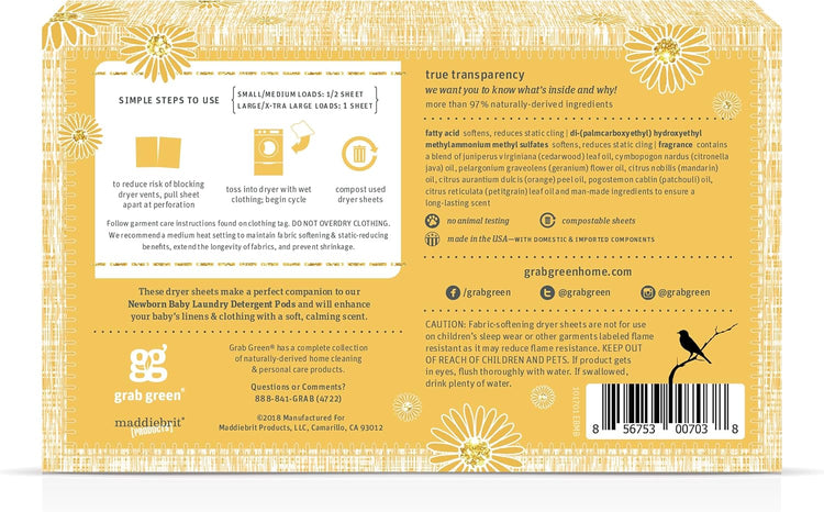 Grab Green Newborn Baby Dryer Sheets, 40 Sheets, Chamomile Scent, Plant and Mineral Based, Compostable, Softens Clothing and Linens, Reduces Static Cling