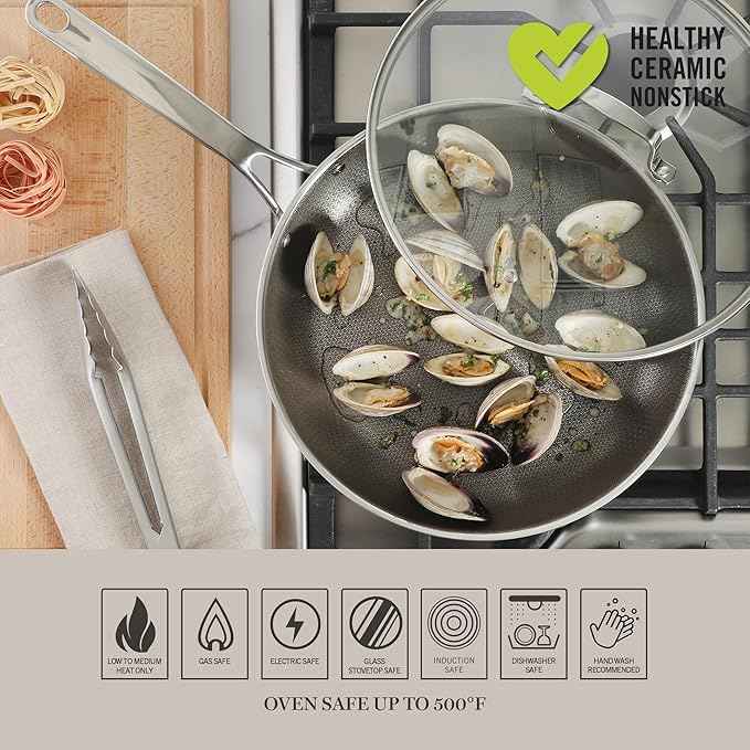 Martha Stewart Badgley Hybrid Nonstick 12 Inch TriPly Stainless Steel Large Fry Pan With Lid & Stay Cool Handle - Laser Etched Non-Toxic Perfect Sear Nonstick Skillet - Dishwasher and Induction Safe