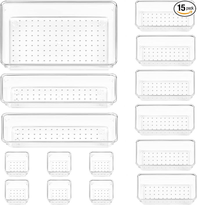 Vtopmart 15 PCS Clear Plastic Drawer Organizers Set, 4-Size Versatile Bathroom and Vanity Organizer Trays, Non-Slip Storage Containers for Makeup, Jewelries, Bedroom,Kitchen Utensils and Office