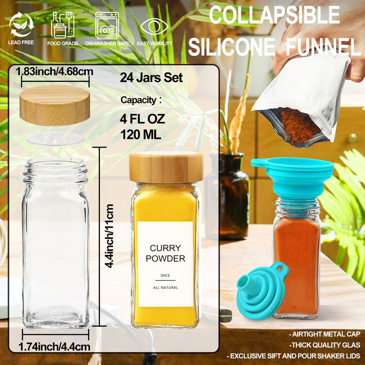 Glass Spice Jars with Bamboo Lid & 398 Label for Cabinet & Drawer Organizer