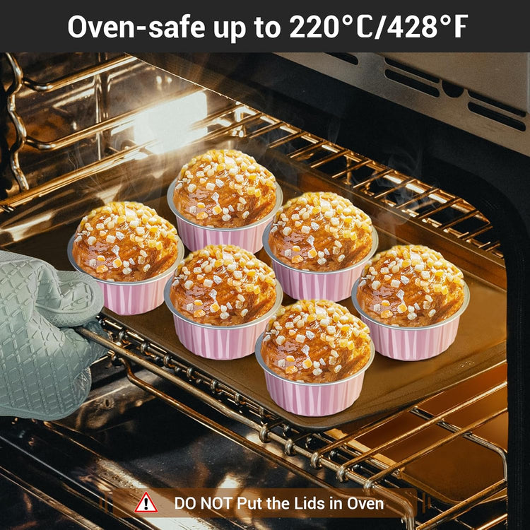 EUSOAR Baking Cups with Lids, Pink 60Packs 5oz Disposable Aluminum Foil Mini Muffin Liners, Dessert Cheesecake Pan Creme Brulee Cupcake Ramekins Containers for Catering Gathering Club Wedding Party