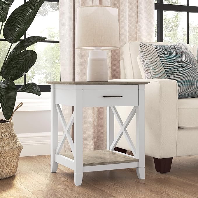 Bush Home End Table with Drawer, Nightstand with Storage, Living Room and Bedroom Furniture, Key West Collection, Shiplap Gray & Pure White