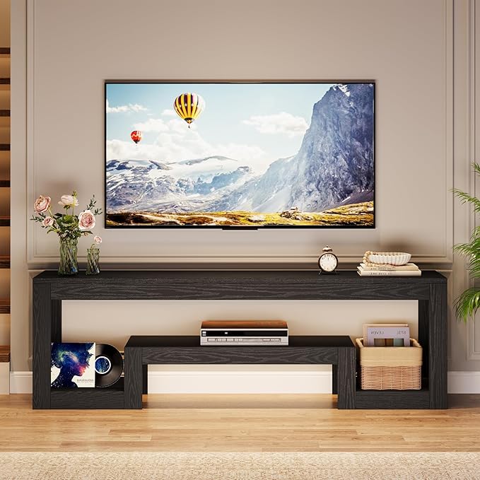 Tribesigns 63-Inch TV Stand for 55/60/65/75-Inch TVs, Farmhouse Entertainment Center with Open Storage Shelves, Black Television Console for Living Room, Bedroom