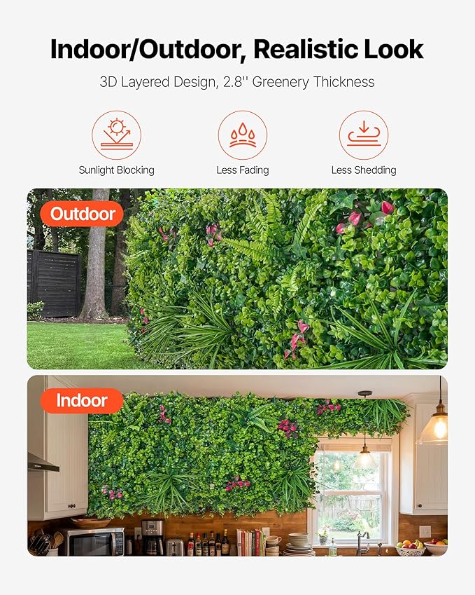 VEVOR Artificial Plant Wall, 12PCS 20 x 20 in Artificial Boxwood Panels, Greenery Backdrop Privacy Hedge Fence with Sun Protection, Fake Grass Wall Screen for Wedding, Indoor, Garden,Mixed Leaf