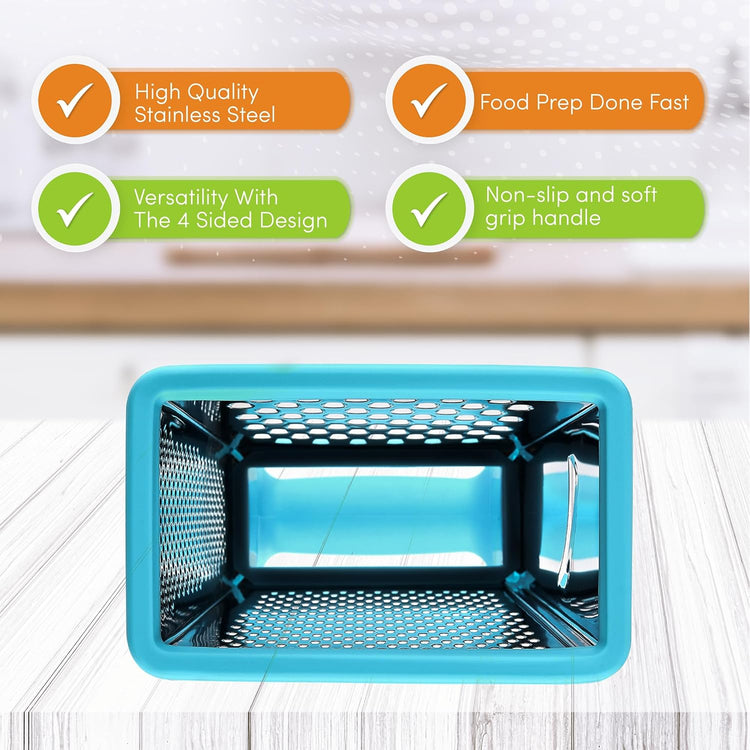 Spring Chef Professional 10" Stainless Steel Parmesan Cheese Grater with Handle, 4 Sided Handheld Box Grater, Kitchen Food Shredder for Potato, Cheese, Ginger, Veggie - Aqua Sky