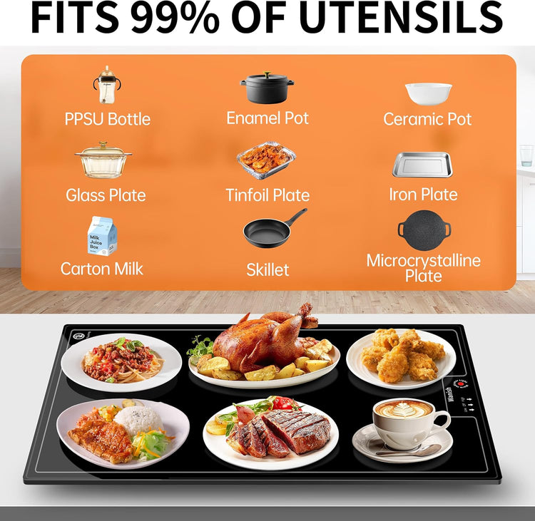 Electric Warming Tray(Large 22”x14”),Food Warmer with Thermostat and Full Surface Heating,Food Warming Mat with 2 Temperature Modes for Parties Buffet,Gatherings,Heat Resistant Glass,Black