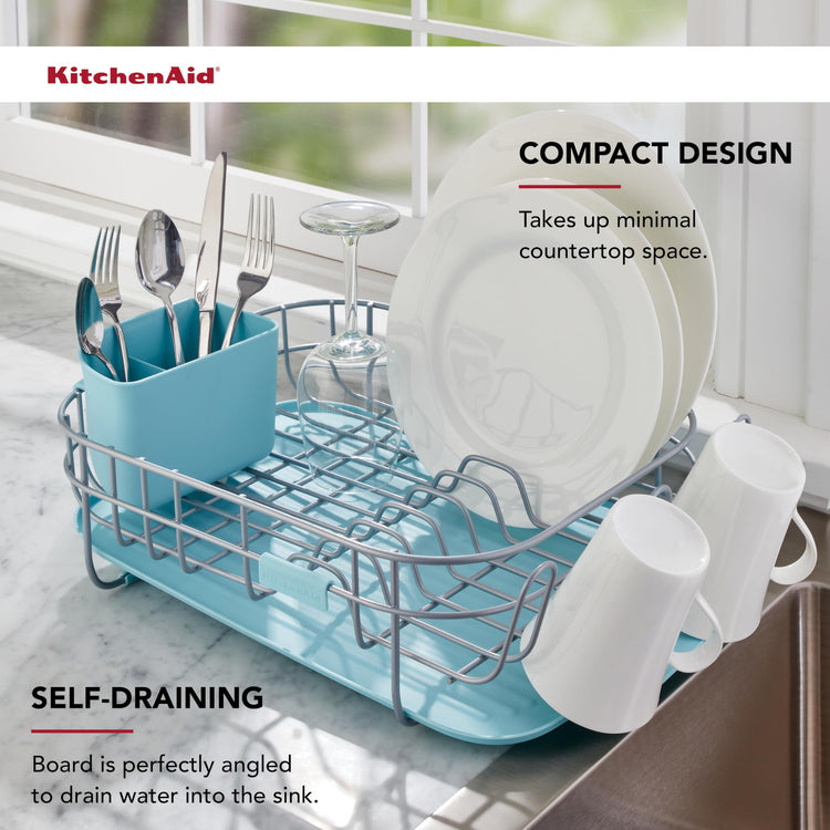 Low Profile Compact Dishrack with Removable Flatware Caddy and Angled Self