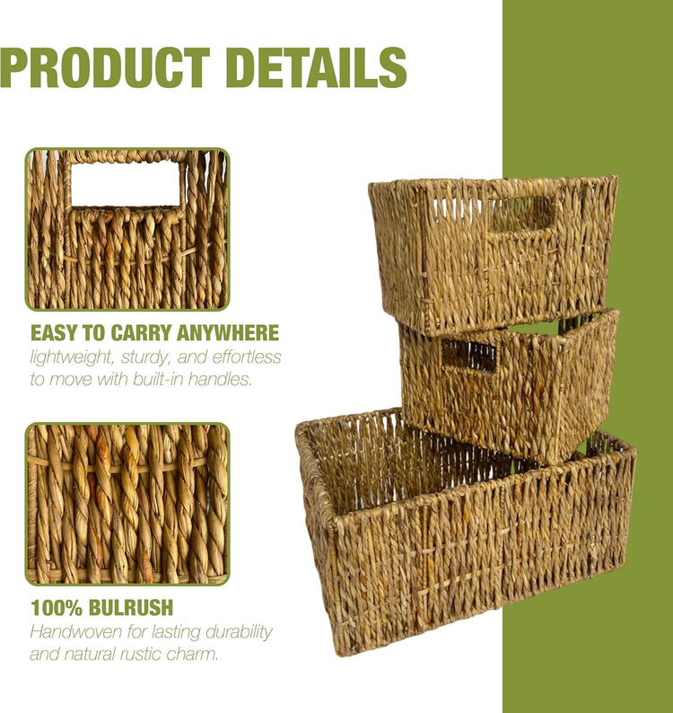 Wicker Basket Set – Stackable Storage Bins for Organizing Pantry & Kitchen – 1 Large Basket + 2 Small Baskets with Handle – Wicker Storage Baskets for Shelves & More