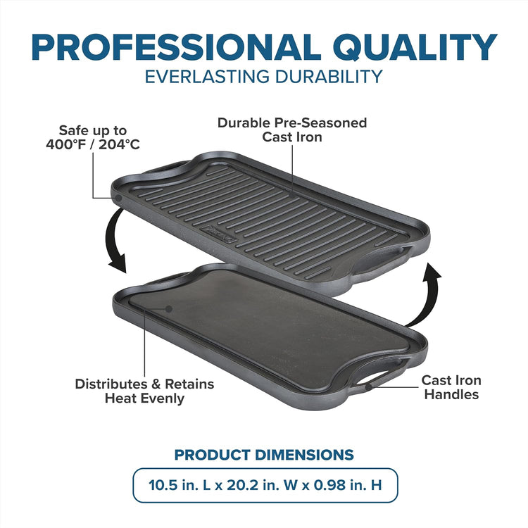 Viking Griddle, 20 Inch Reversible Cast Iron Grill Pan, Pre-Seasoned, Oven Safe, Hand Wash Only, Black - Nestoria