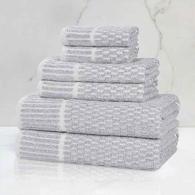 Superior Juno Viscose Cotton Blend Medium Weight Towels, for Bathroom, Shower, Spa, Plush, Quick Dry, Ultra-Soft Towels, Bath Essentials, Border Detail, 6 Piece Assorted Towel Set, Denim Blue