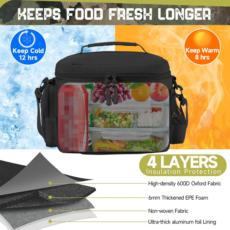 Tactical Lunch Bag for Mens Military Heavy Duty Lunch Box Work Leakproof Insulated Durable Thermal Cooler Bag for Adult Meal for Office Camping Picnic Pail MOLLE Webbing Black
