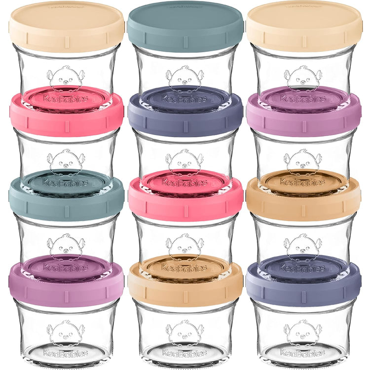 KeaBabies 12pk 4oz Glass Baby Food Containers with Lids - Leak-Proof, Microwavable Small Glass Jars, Baby Purees & Toddler Snack Storage Containers, BPA-Free, Dishwasher & Freezer Safe (Sunset)