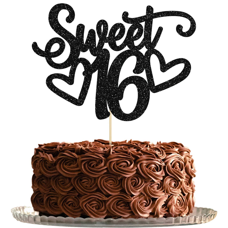 1Pc Sweet Teenager 16 Cake Topper Glitter 16th Birthday Cake Pick for Cheers to 16 Years Old 16th Birthday Party Cake Decorations Supplies Black
