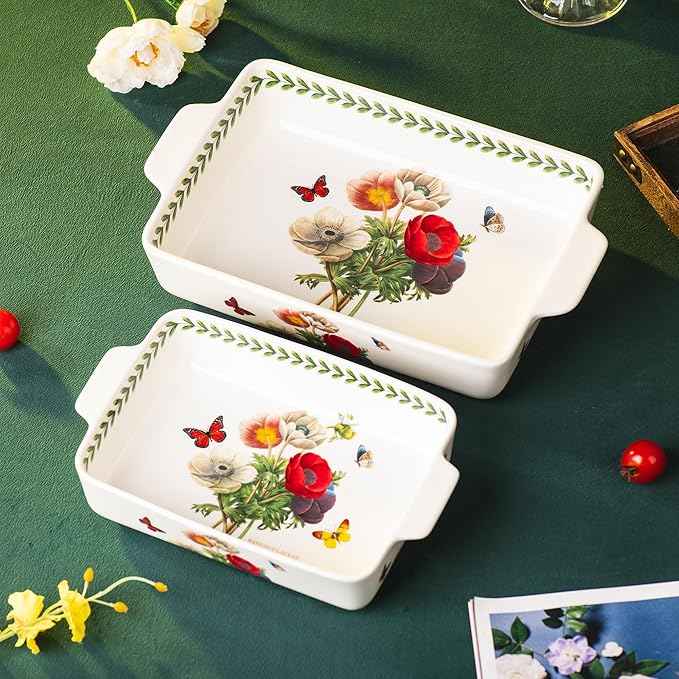 ONCCI In-Glaze Ceramic Baking Dish Set of 2 - Rectangular with Handles,Single Serving Size Casserole dishes 10.8*7.99in & 8.58*6.54inch Sizes - Oven Safe for Cooking, Baking, Casseroles - Dishwasher Safe(Corn Poppy)
