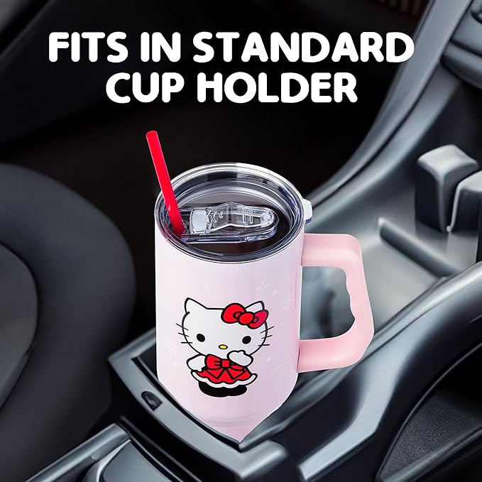 Silver Buffalo Sanrio Hello Kitty Christmas Holiday Dress and Matching Bow Snowflakes Double Walled Stainless Steel Tumbler with Handle and Straw, Fits in Standard Cup Holder, 40 Ounces