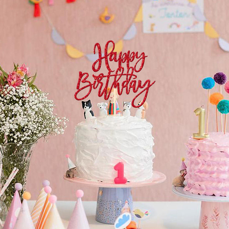 1 PCS Red Glitter Happy Birthday Cake Topper for Celebrating Birthday