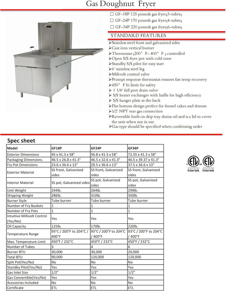 Commercial Gas Donut Fryer, 170lb Capacity, 4-Tube Burner, Stainless Steel, ETL Certified, 41.3 x 56.8 inch GF-24P