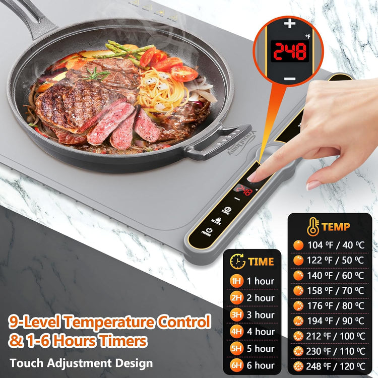 Electric Warming Mat for Food - Warming Tray with 9 Temperature Settings and 6 Hours Timer, Heating Mat for Food with Full Surface Heating for Buffets Party Gatherings and Daily Use(Gray)